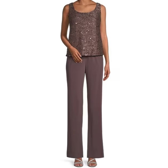 Scalloped Glitter Lace Duster Stretch 3-Piece Pant Set, color Fig - Picture 5 of 8